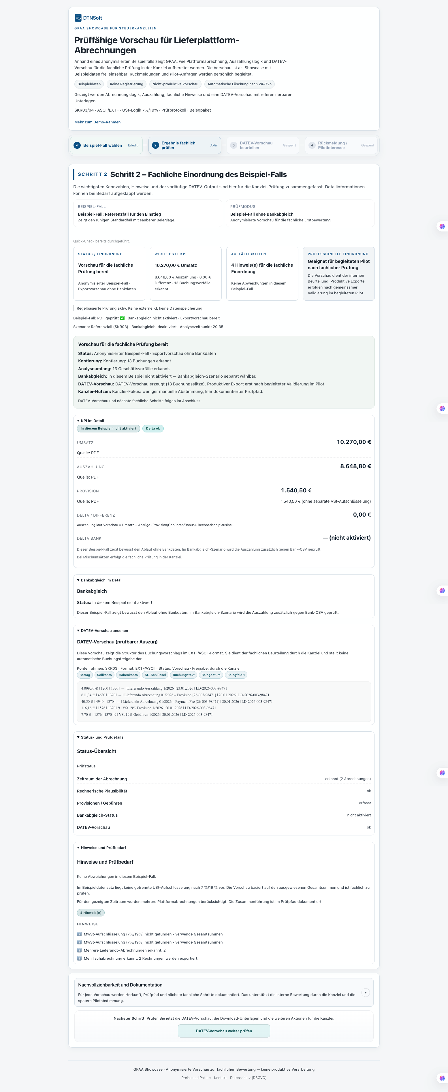 GPAA result: KPI overview with revenue, commission, VAT splitting and delta